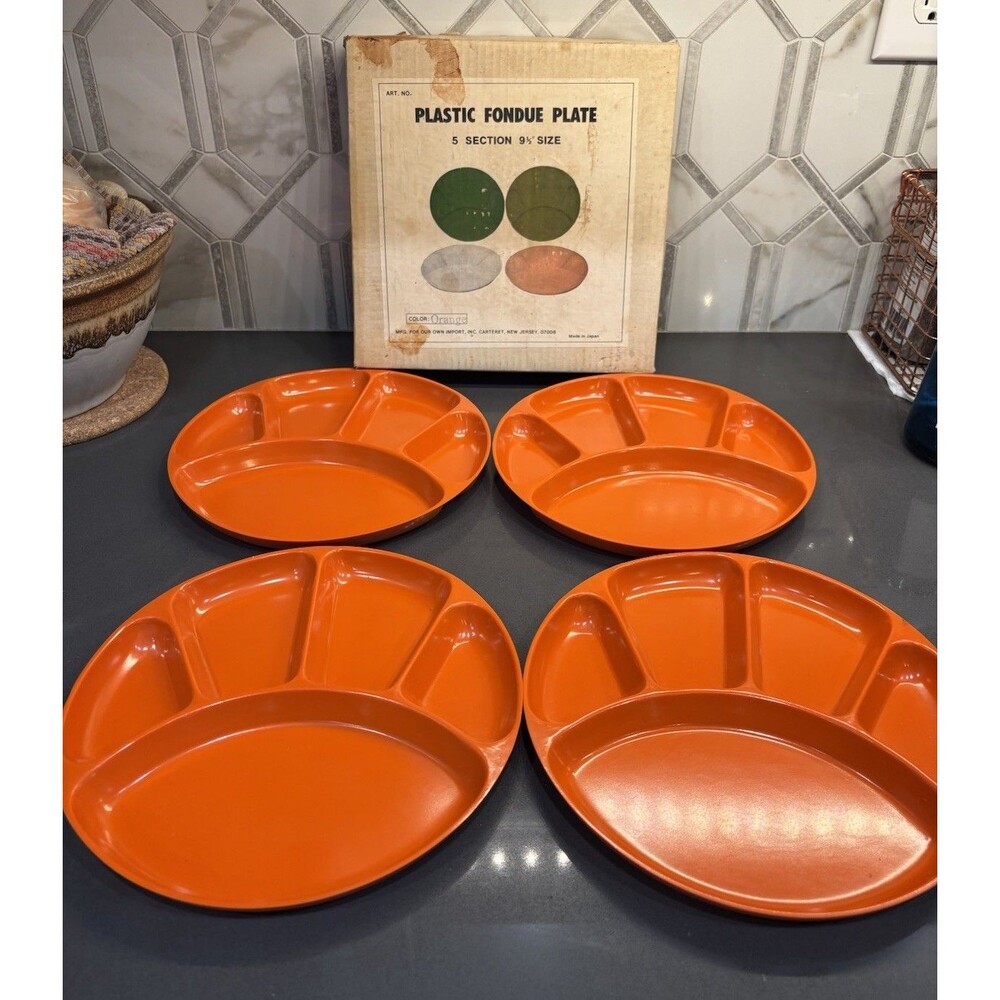 Vintage Enamelware Divided 9" Fondue Plates 4 Pc Orange With Box - Made in Japan